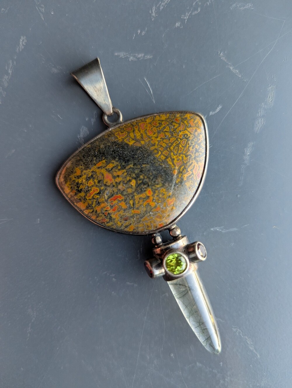 Sterling Silver Gembone Pendant With Garnets, Peridot, and Crystal